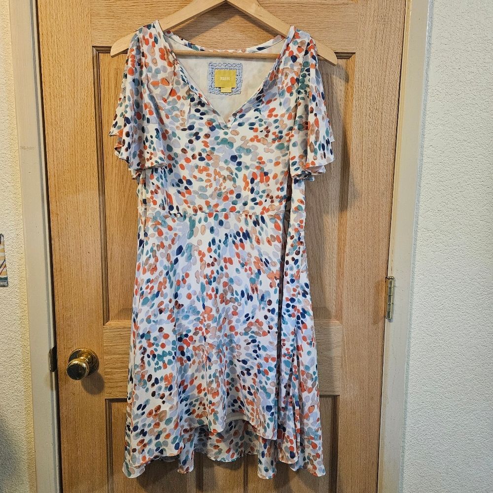 Women's S Anthropologie Maeve Colorful Polka Dot Dress W/ Cold Shoulder Sleeves